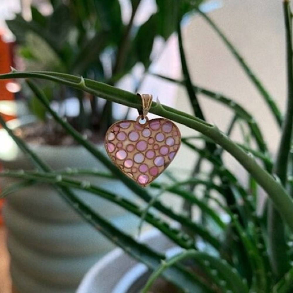 14k Gold Heart Pendant Necklace Charm Gold Enamel Pink Red